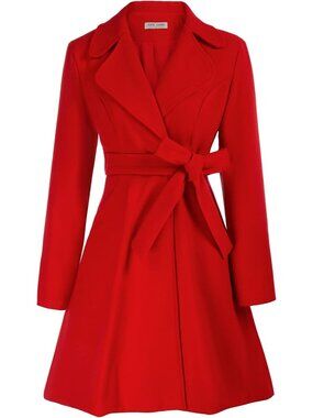Women Red Notch Collar Long Sleeve Overcoat Fall Causal Winter Trench Coats